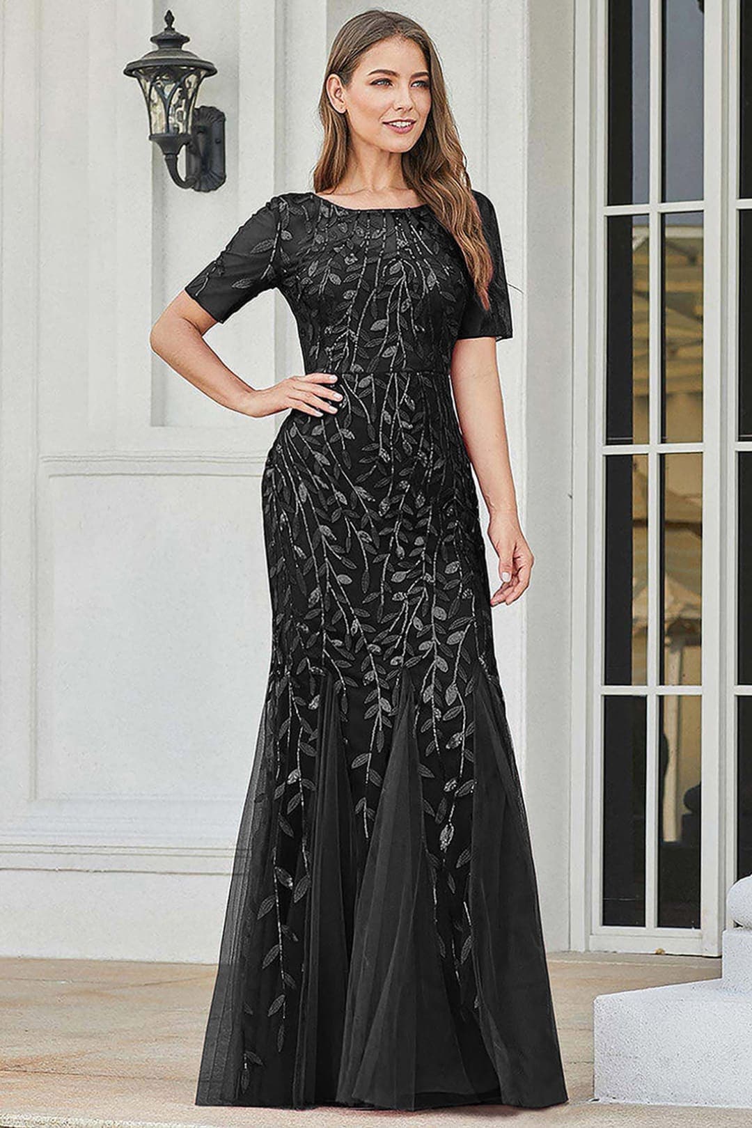 Amelia Couture AC7707 Short Sleeve Mermaid Gown - BLACK / 6