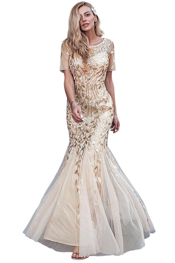 Amelia Couture AC7707 Short Sleeve Mermaid Gown - CHAMPAGNE / 6