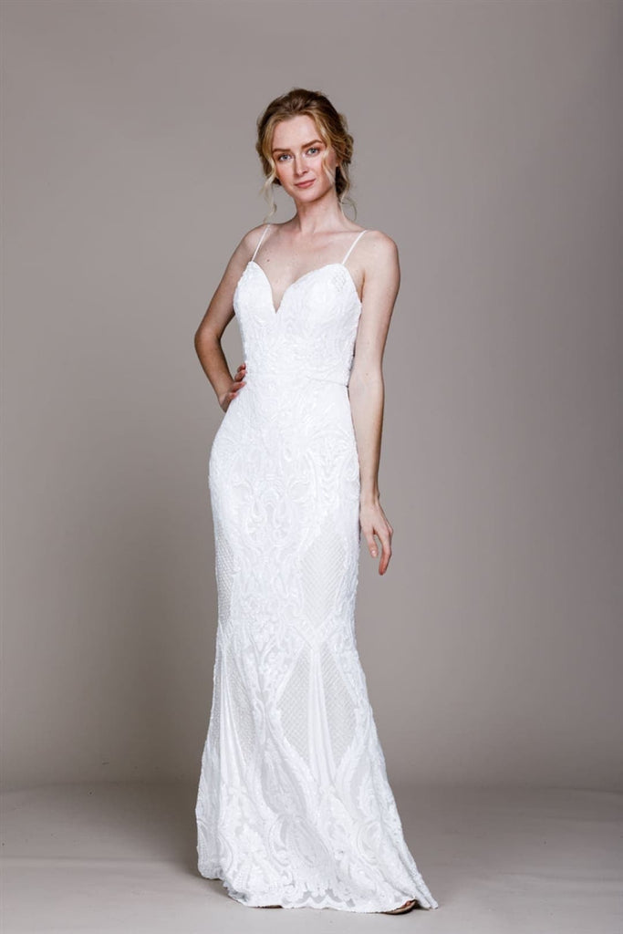 Long Bridal Sequin Gown - LAA791B - White / 2 - Dress