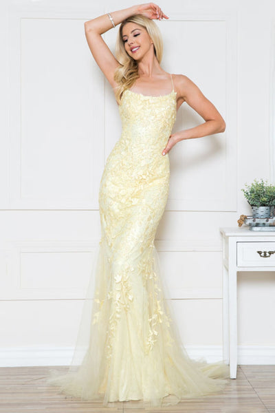 Amelia Couture 799 Embroidered Sweep Train Long Prom Evening Gown - Yellow / Dress