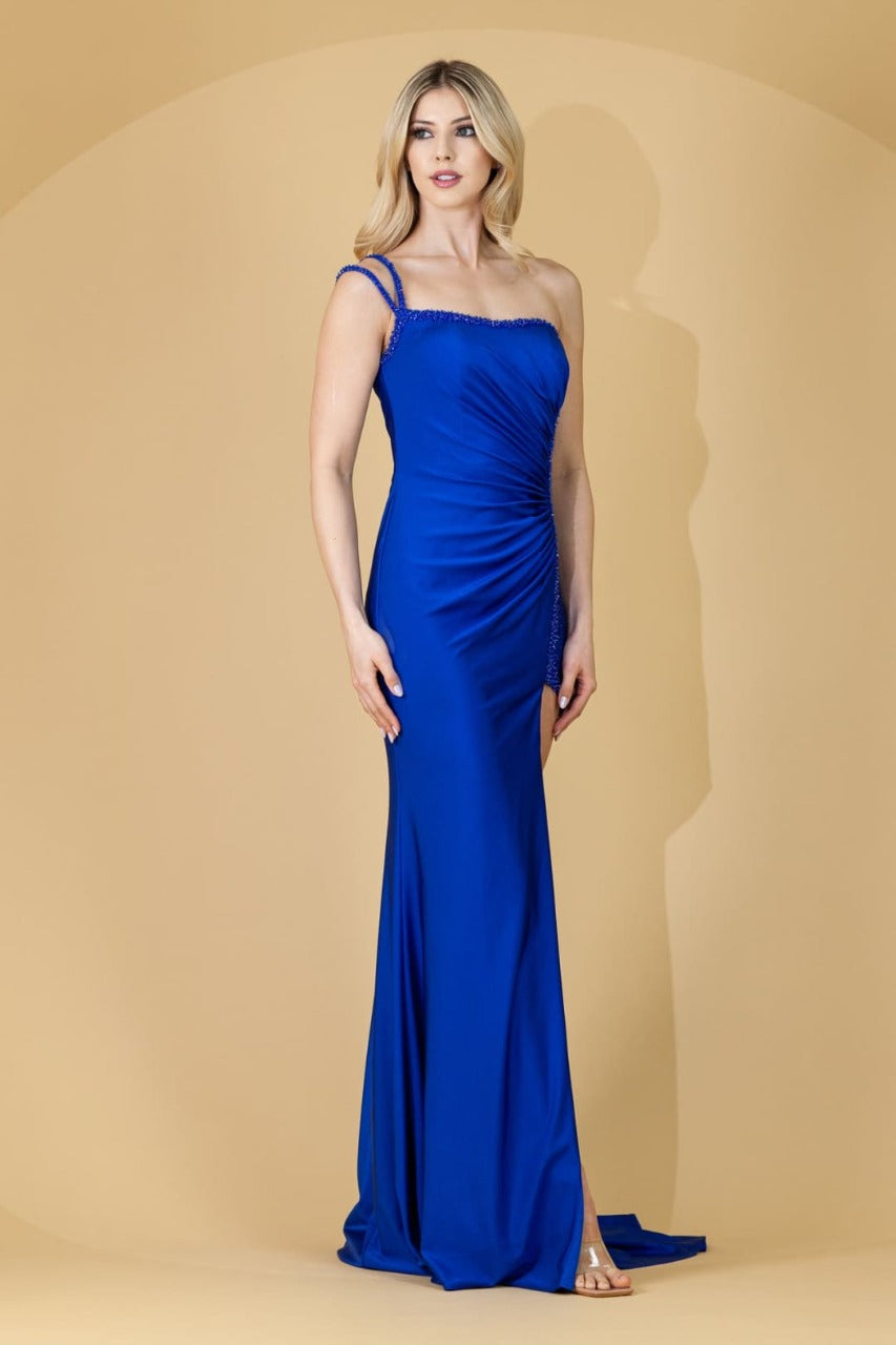 Amelia Couture AC0013 Beaded One - Shoulder Fitted Ruched Evening Gown - Dress