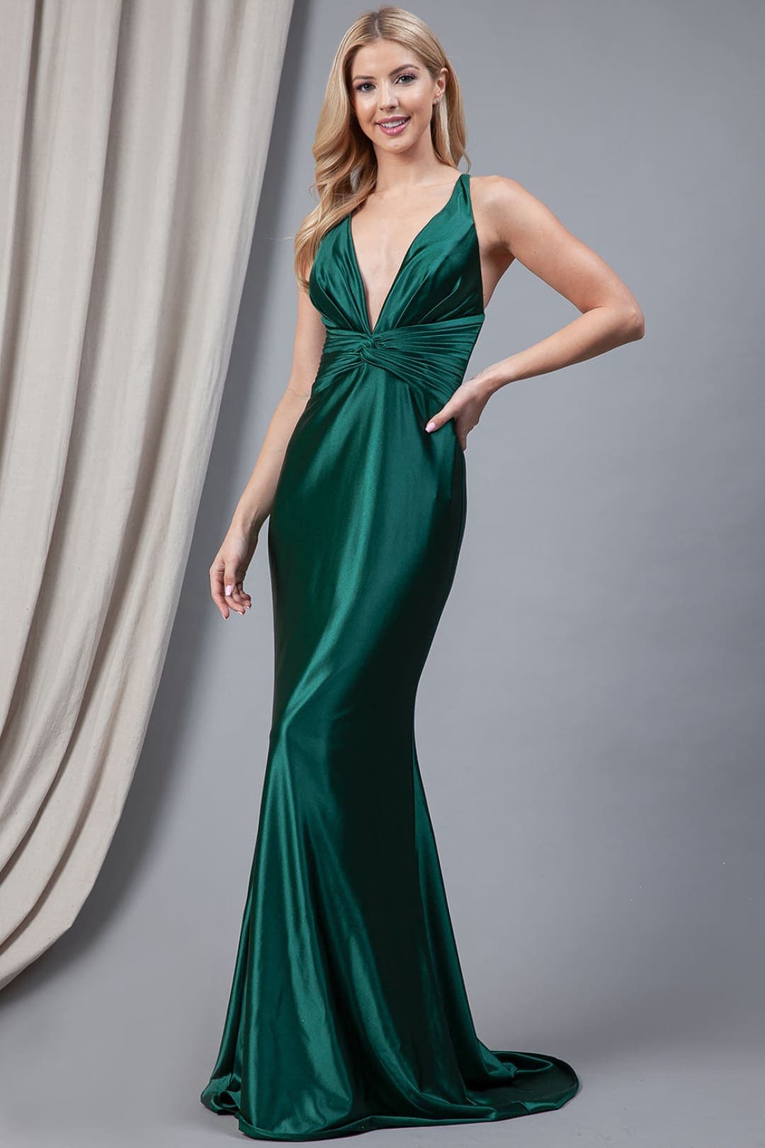 Amelia Couture AC5039 V-neck Open Back Prom Gown - Emerald Green / 2