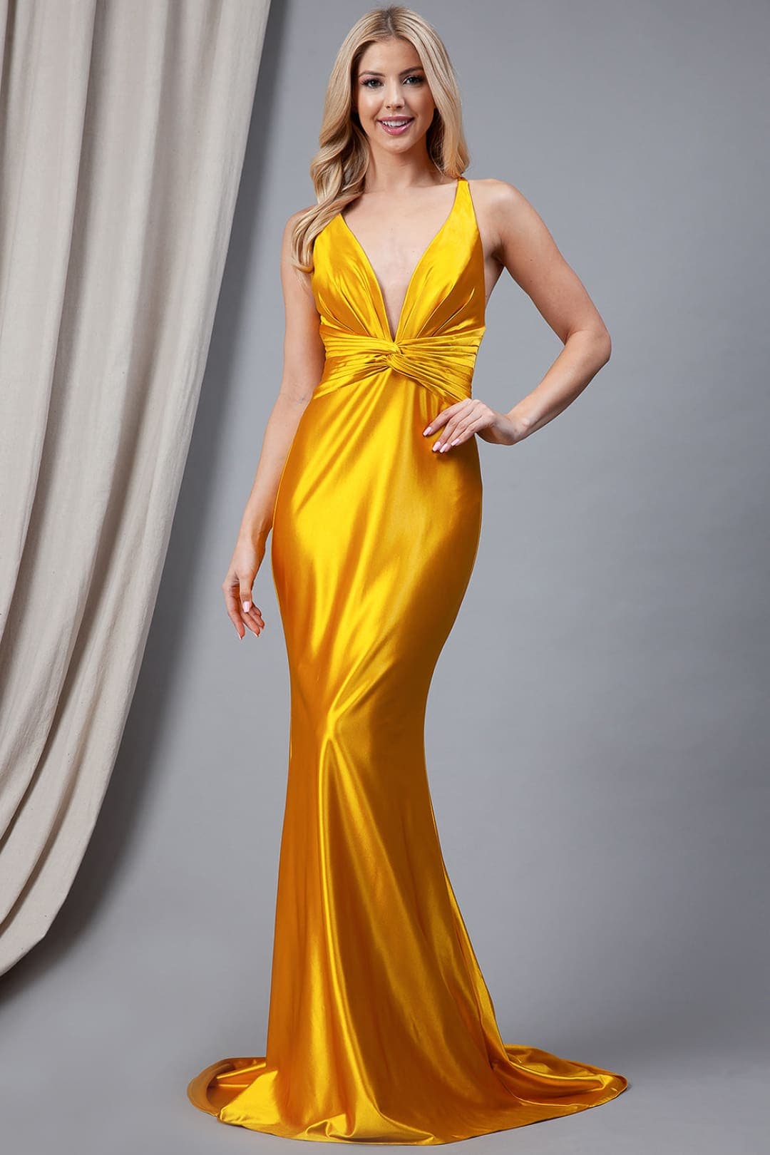 Amelia Couture AC5039 V-neck Open Back Prom Gown - Marigold/Gold / 2