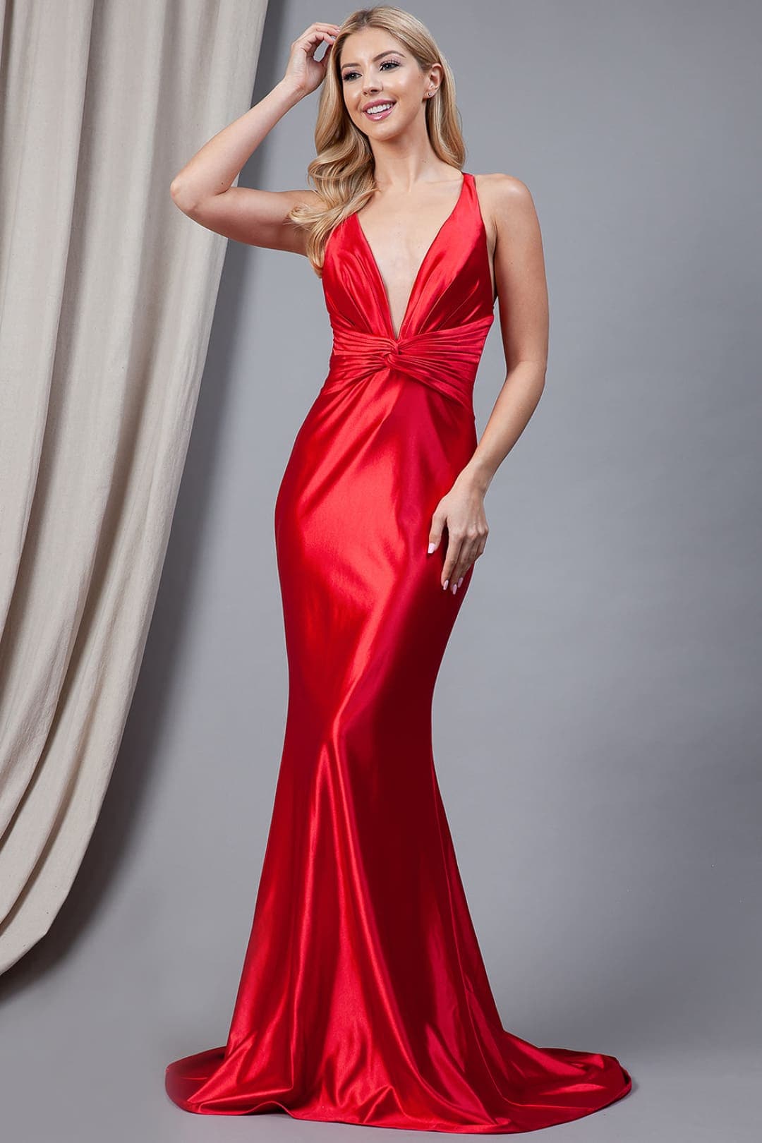 Amelia Couture AC5039 V-neck Open Back Prom Gown - Red / 2