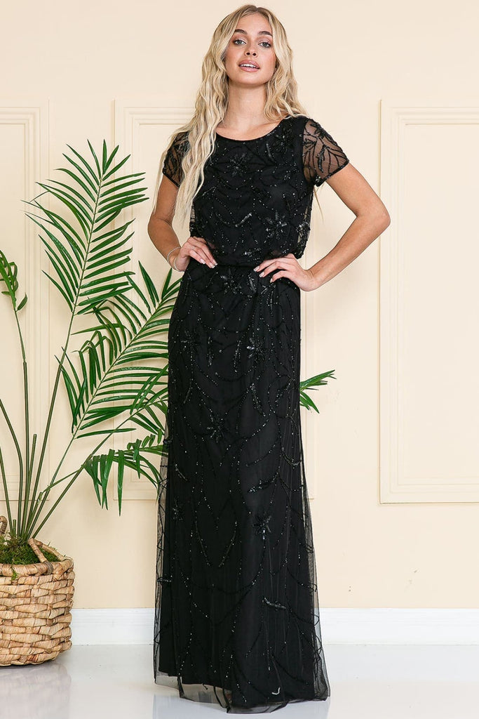 Amelia Couture ACIN004 Short Sleeve beaded Formal Gown - BLACK / 6