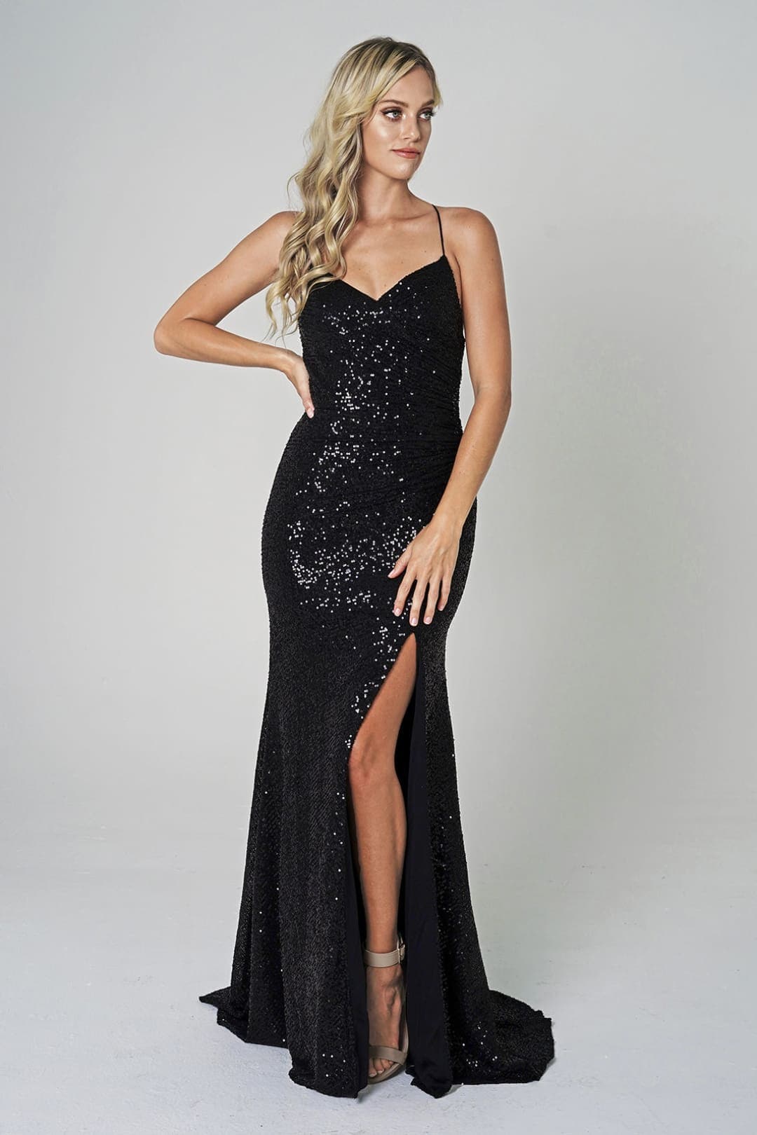 Amelia Couture ACBZ011 V- neck High Slit Gown - BLACK / 2