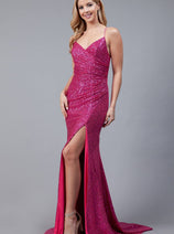 Amelia Couture BZ011 V-Neck High Slit Sequined Long Prom Gown