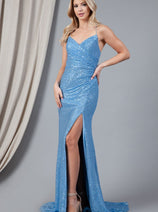 Amelia Couture BZ011 V-Neck High Slit Sequined Long Prom Gown