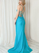 Amelia Couture BZ019 High Slit Wrap Glitter Jersey Dress