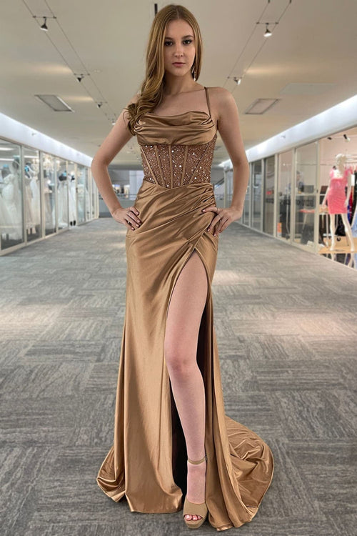 Amelia Couture BZ0220 Cowl Neck Prom Jersey Gown - ALMOND / 2 - Dress