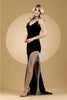 Amelia Couture BZ9015V Spaghetti Strap V - Neck Beaded Fringe Slit Gown - Dress
