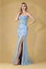 Amelia Couture BZ9019 Glitter 3D Floral Appliqued Corset Bodice Gown - BABY BLUE / Dress