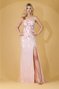 Amelia Couture BZ9019 Glitter 3D Floral Appliqued Corset Bodice Gown - BLUSH / Dress