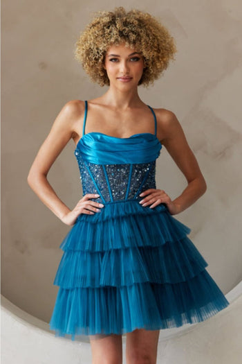 Amelia Couture BZ9023S Corset Bodice Ruffle Birthday A-line Dress - TEAL / Dress