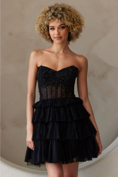 Amelia Couture BZ9999S Strapless A-line Layered Tulle Homecoming Dress - BLACK / Dress