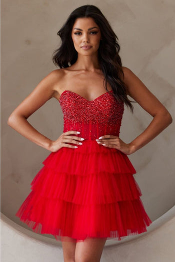Amelia Couture BZ9999S Strapless A-line Layered Tulle Homecoming Dress - RED / Dress