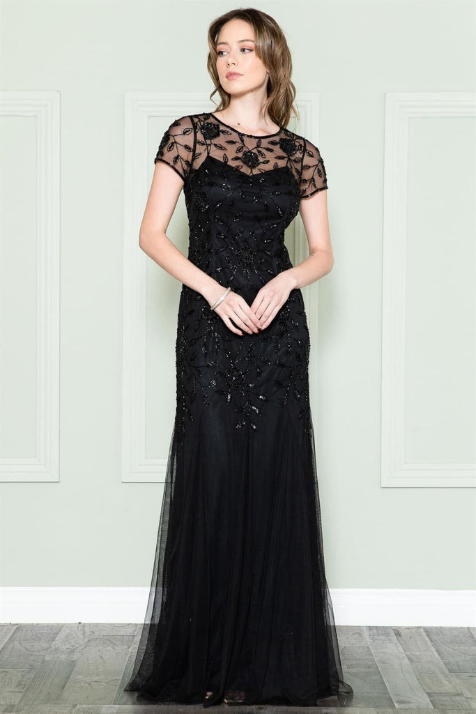 Amelia Couture Short Sleeve Bateau Evening Gown - BLACK / 6