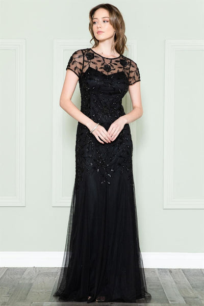 Amelia Couture Short Sleeve Bateau Evening Gown - BLACK / 6