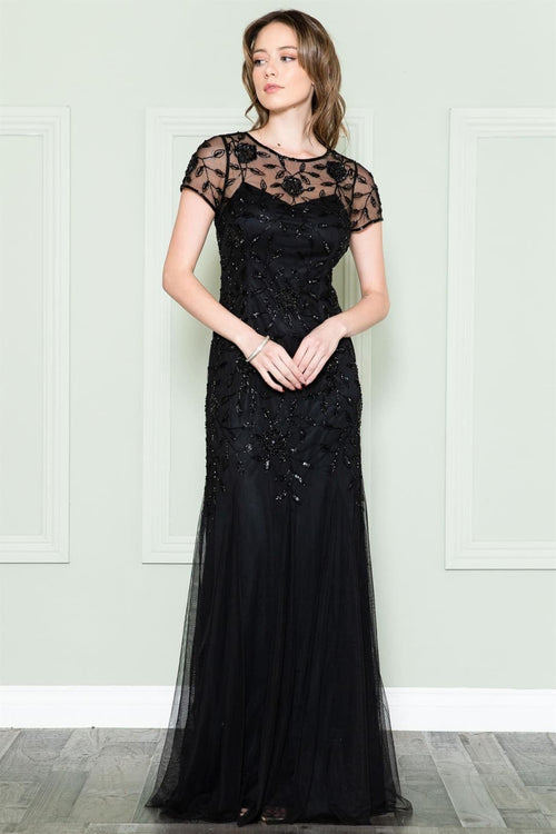 Amelia Couture Short Sleeve Bateau Evening Gown - BLACK / 6