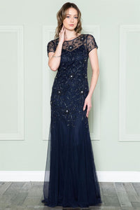 Amelia Couture Short Sleeve Bateau Evening Gown - NAVY BLUE / 6
