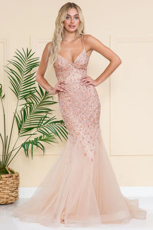 Amelia Couture SU066 Embellished Mermaid Spaghetti Straps Prom Gown - Dress