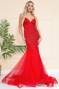 Amelia Couture SU066 Embellished Mermaid Spaghetti Straps Prom Gown - RED / 2 - Dress