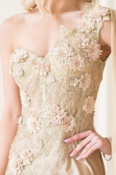 Vestido de noche formal largo floral con capa y un hombro de Amelia Couture 388