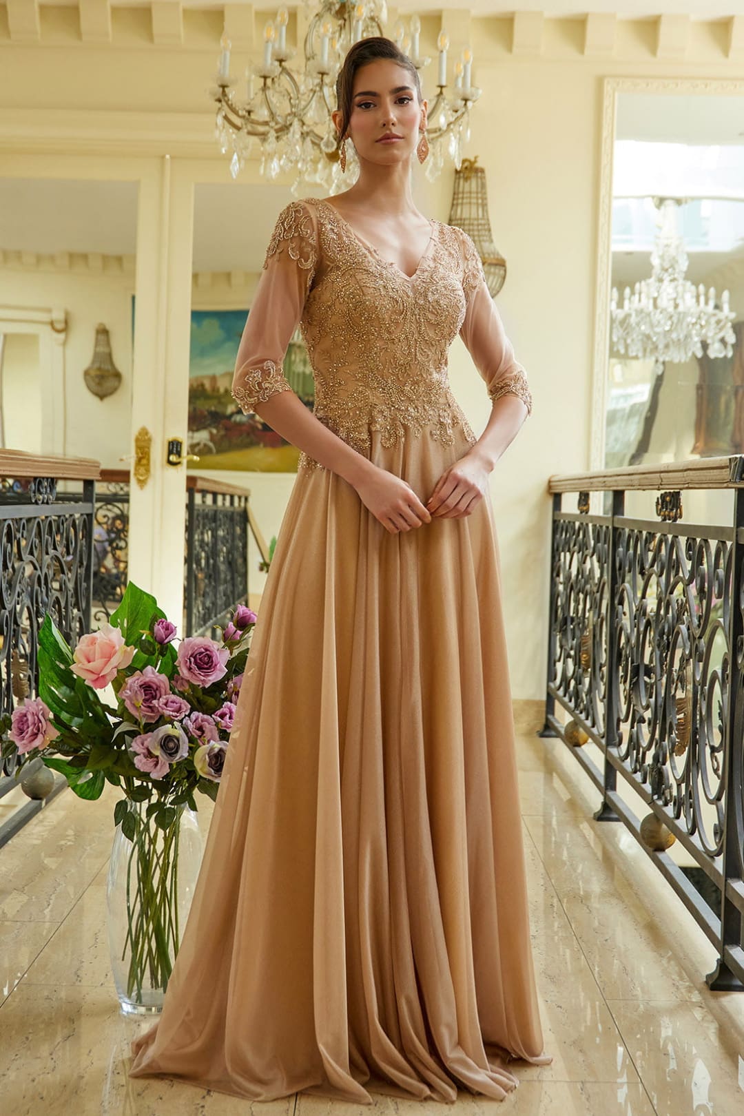 Applique 3/4 Sleeve A-line Gown by Elizabeth K GL3572 - Long Formal Dresses