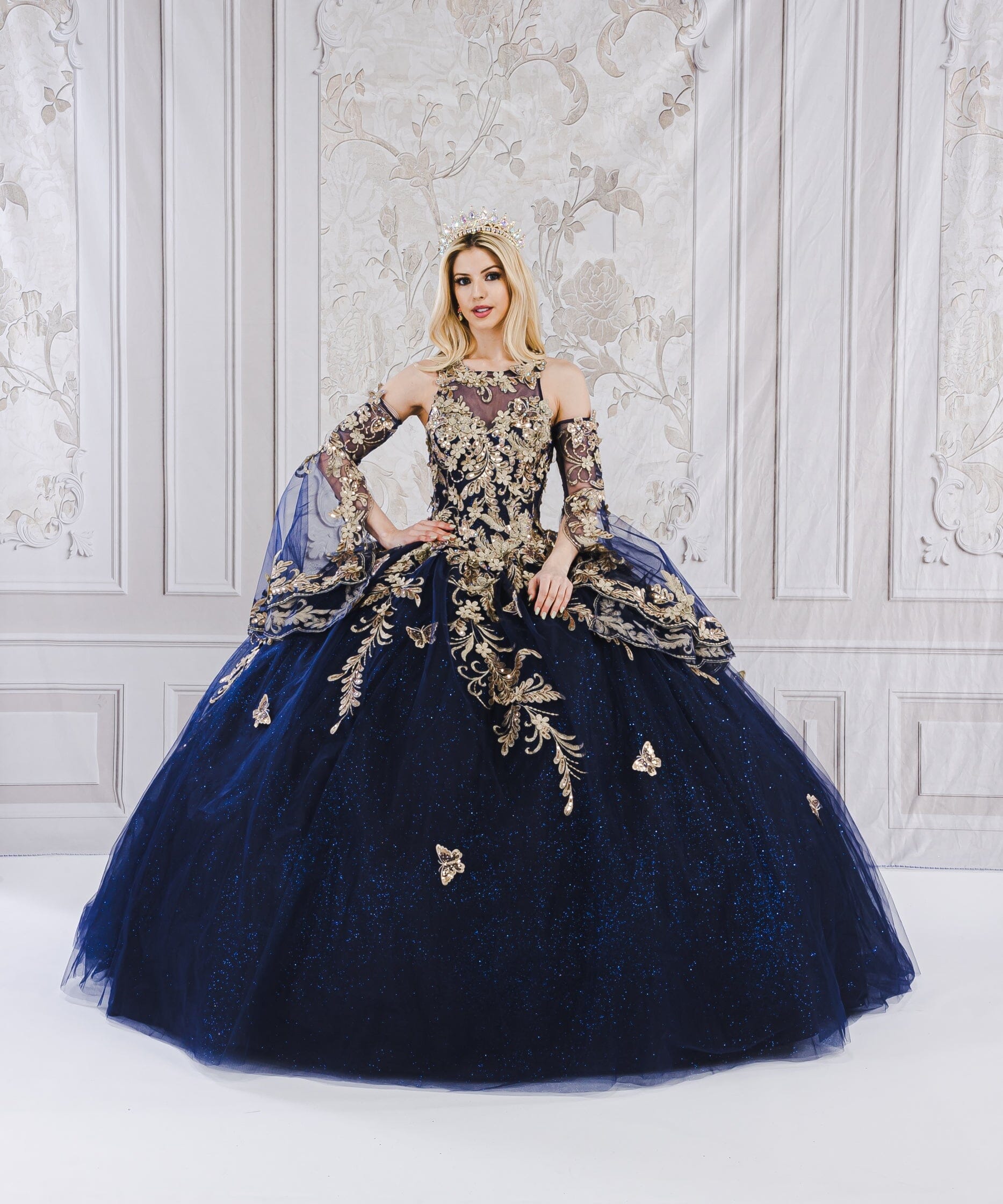 Applique Bell Sleeve Ball Gown by Bella Princess PQ1020