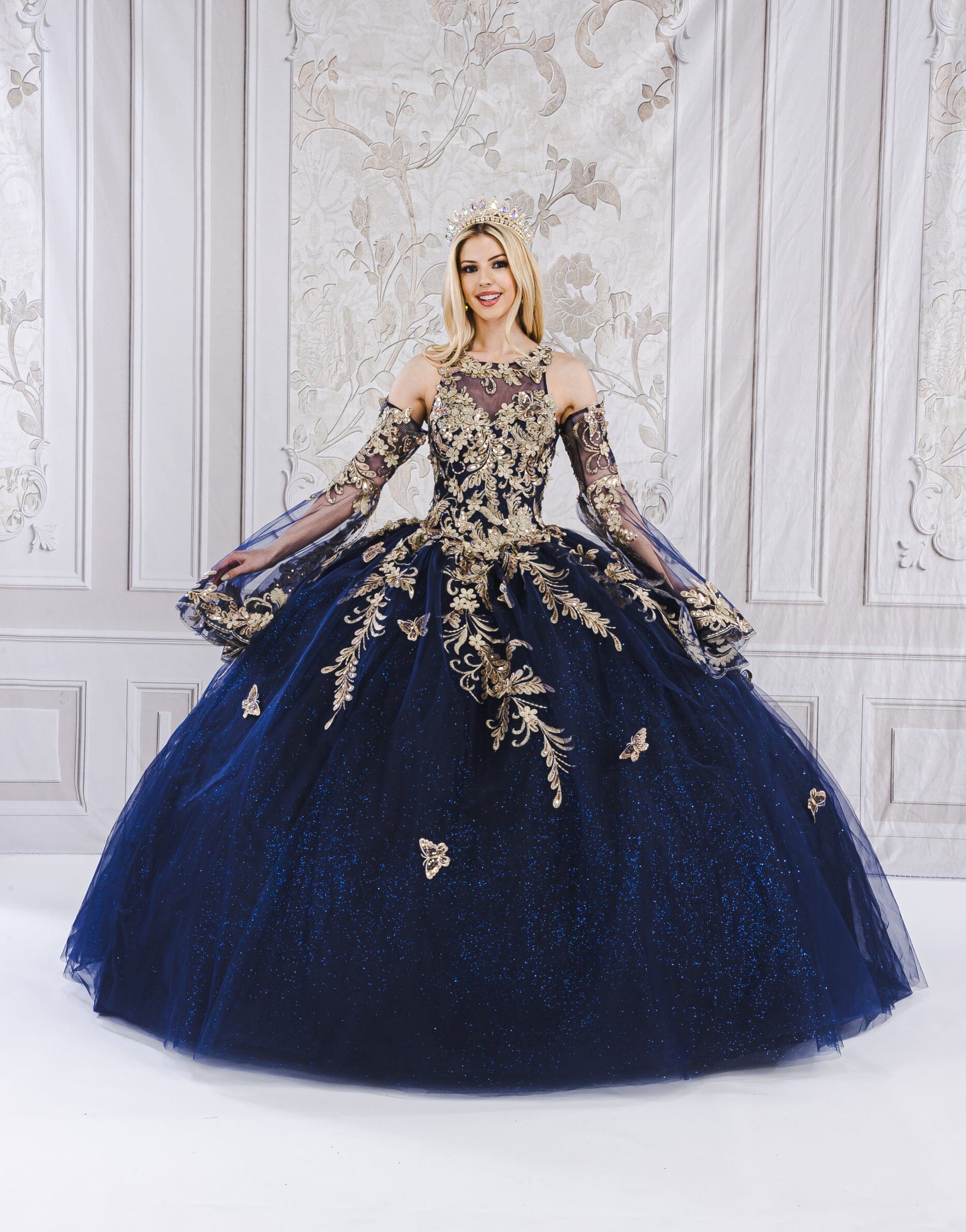 Applique Bell Sleeve Ball Gown by Bella Princess PQ1020