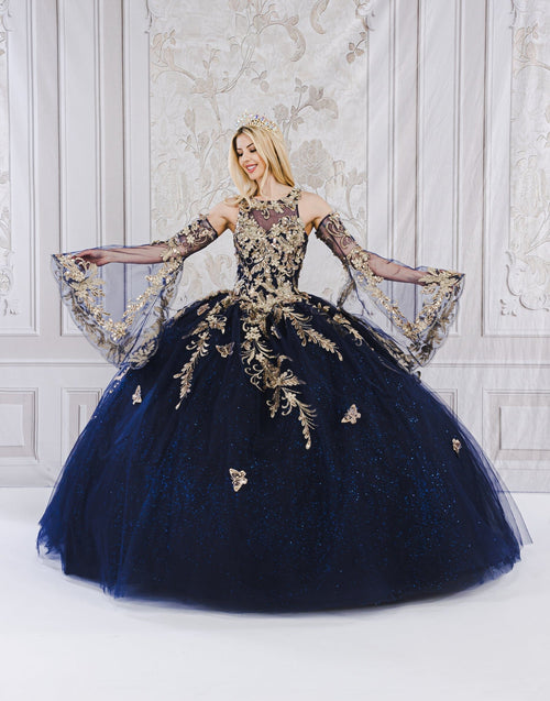 Applique Bell Sleeve Ball Gown by Bella Princess PQ1020