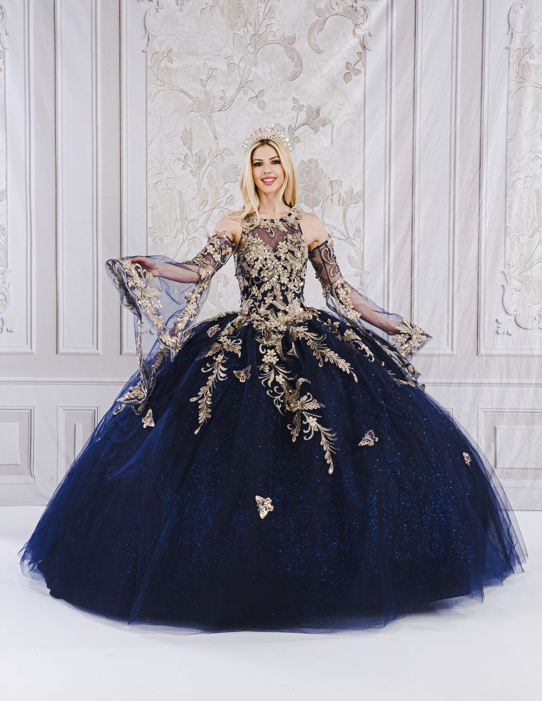 Applique Bell Sleeve Ball Gown by Bella Princess PQ1020