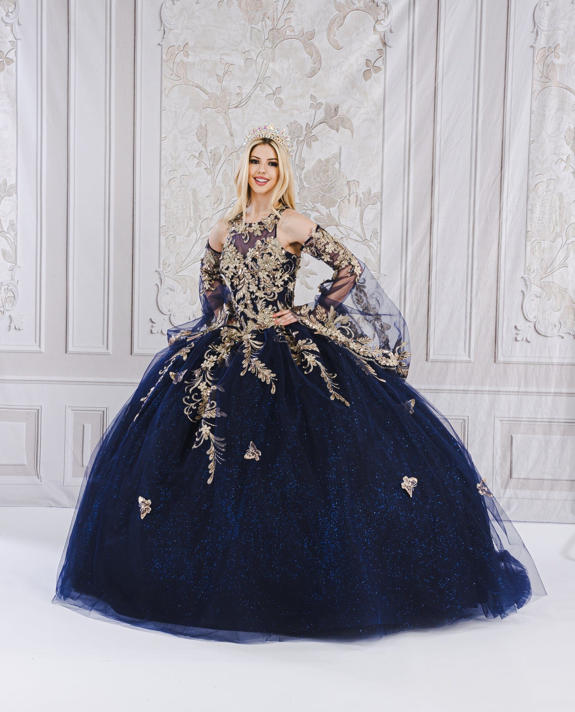 Applique Bell Sleeve Ball Gown by Bella Princess PQ1020