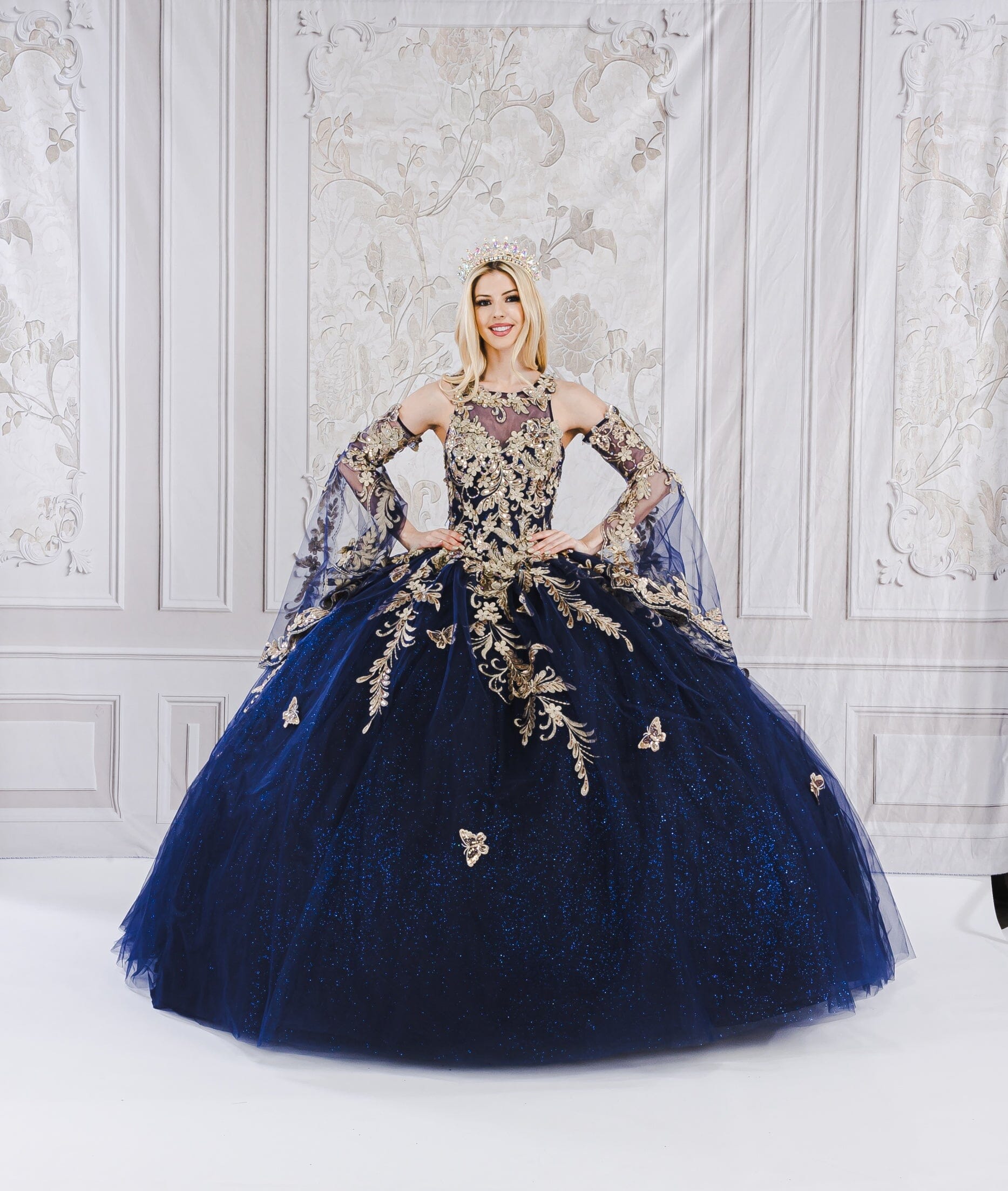 Applique Bell Sleeve Ball Gown by Bella Princess PQ1020