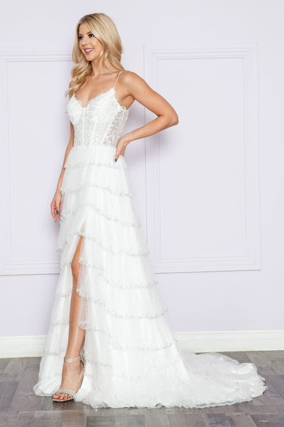 Poly USA 9404 Applique Bodice Sleeveless Tiered Slit Gown