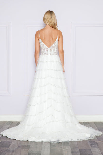 Poly USA 9404 Applique Bodice Sleeveless Tiered Slit Gown