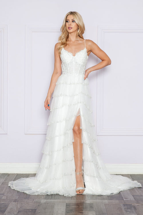 Poly USA 9404 Applique Bodice Sleeveless Tiered Slit Gown