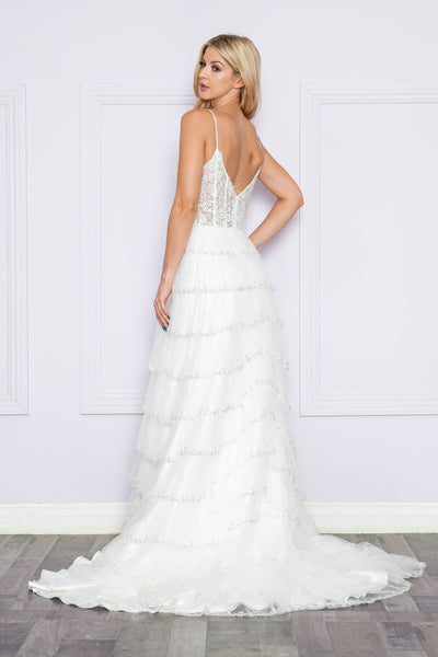 Poly USA 9404 Applique Bodice Sleeveless Tiered Slit Gown