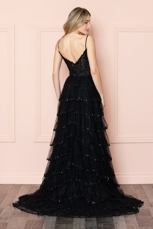 Poly USA 9404 Applique Bodice Sleeveless Tiered Slit Gown