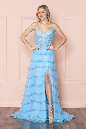 Poly USA 9404 Applique Bodice Sleeveless Tiered Slit Gown