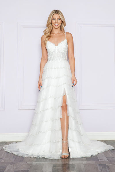 Poly USA 9404 Applique Bodice Sleeveless Tiered Slit Gown