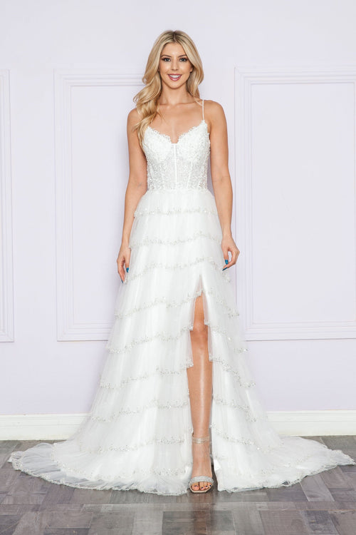 Poly USA 9404 Applique Bodice Sleeveless Tiered Slit Gown