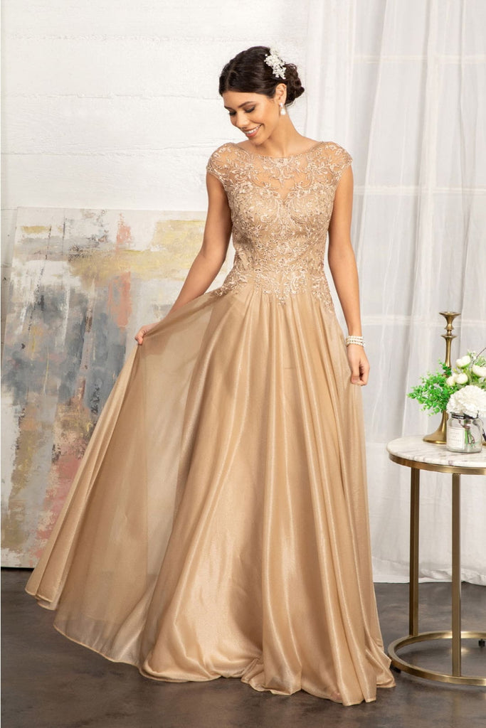 Applique Cap Sleeve Chiffon Gown by Elizabeth K GL3068 - XS / Gold - Long Formal Dresses