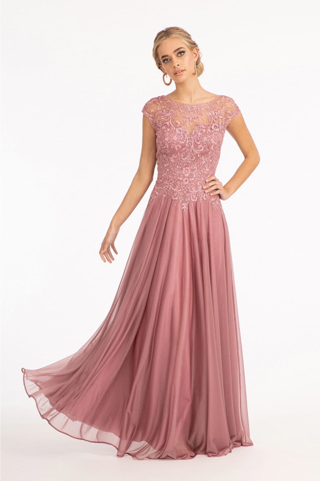 Applique Cap Sleeve Chiffon Gown by Elizabeth K GL3068 - XS / Mauve - Long Formal Dresses