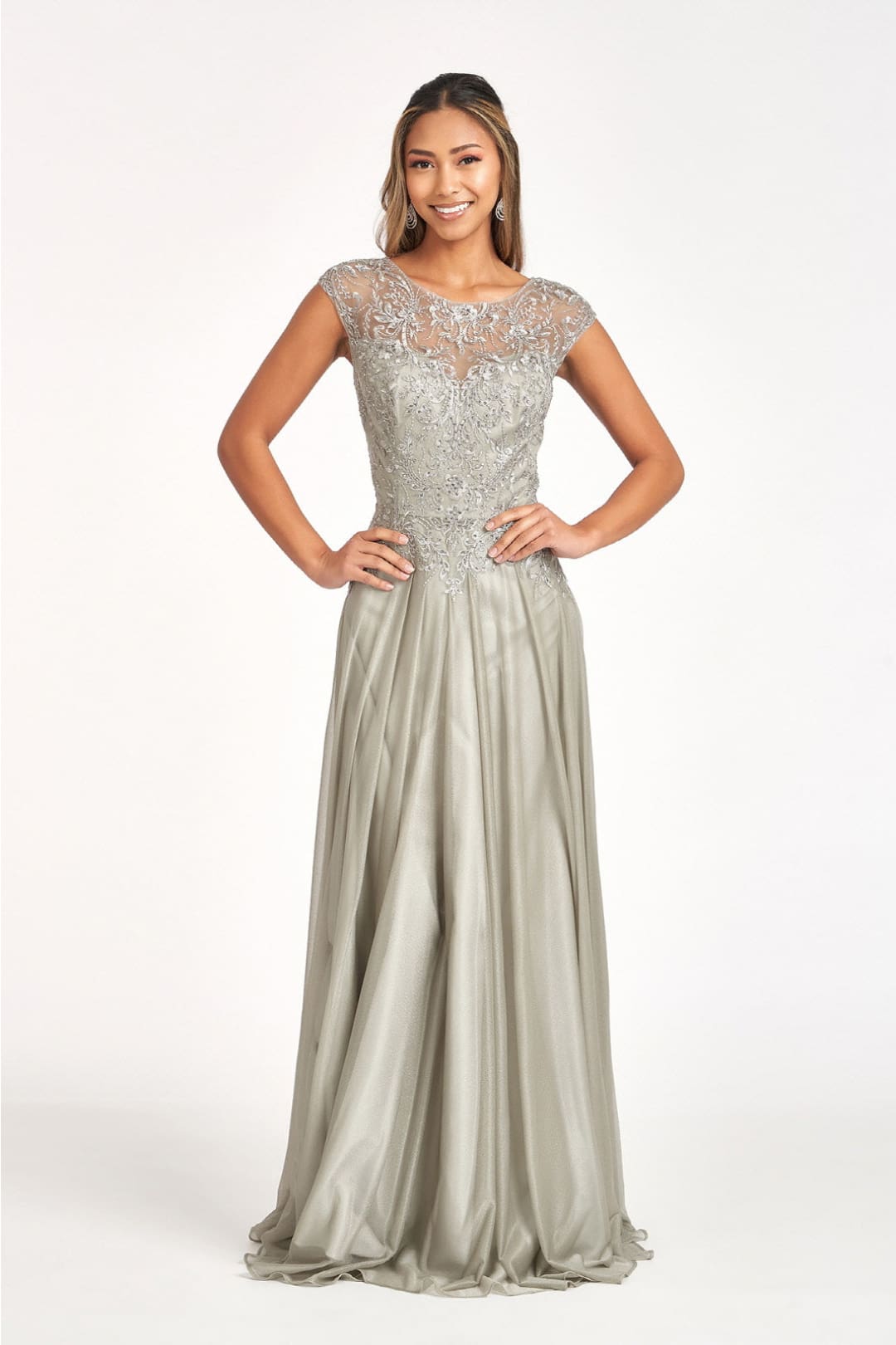 Applique Cap Sleeve Chiffon Gown by Elizabeth K GL3068 - XS / Silver - Long Formal Dresses