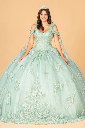 Applique Cape Sleeve Ball Gown by Elizabeth K GL3099 - XS / Sage - Quinceanera Dresses