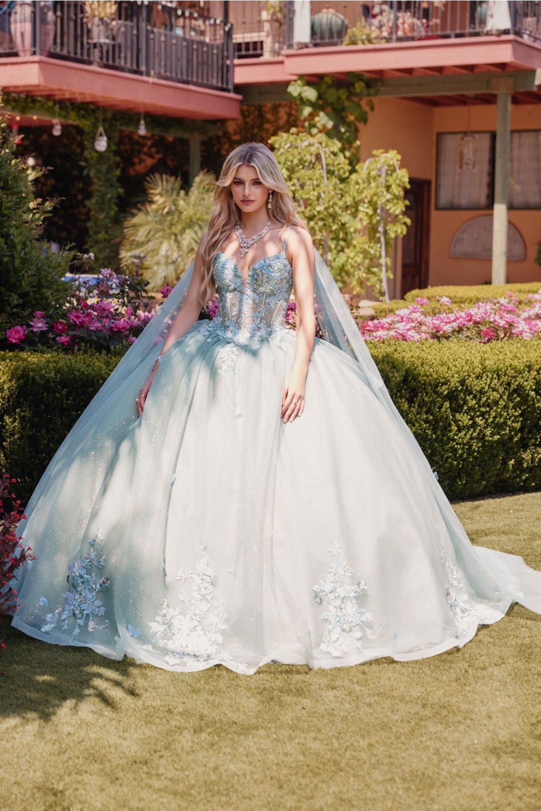 Applique Cape Sleeve Tiered Ball Gown by Juliet JT1466H - Quinceanera Dresses