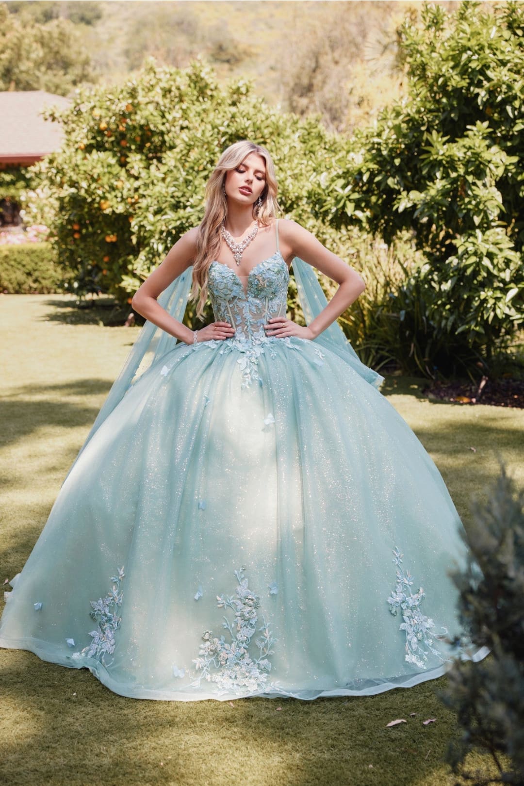 Applique Cape Sleeve Tiered Ball Gown by Juliet JT1466H Applique Cape Sleeve Tiered Ball Gown by Juliet JT1466H