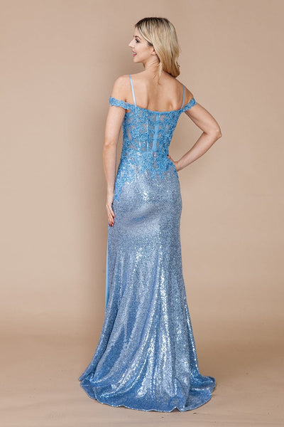 Poly USA 9398 Applique Cold Shoulder Sequin Slit Gown