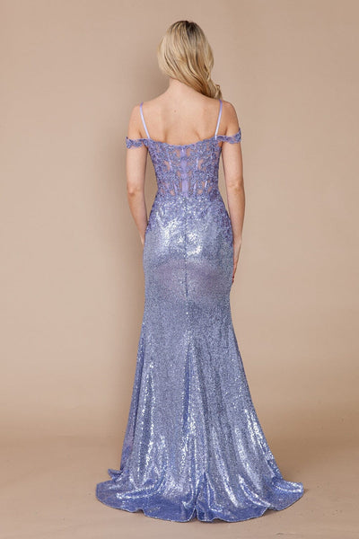 Poly USA 9398 Applique Cold Shoulder Sequin Slit Gown